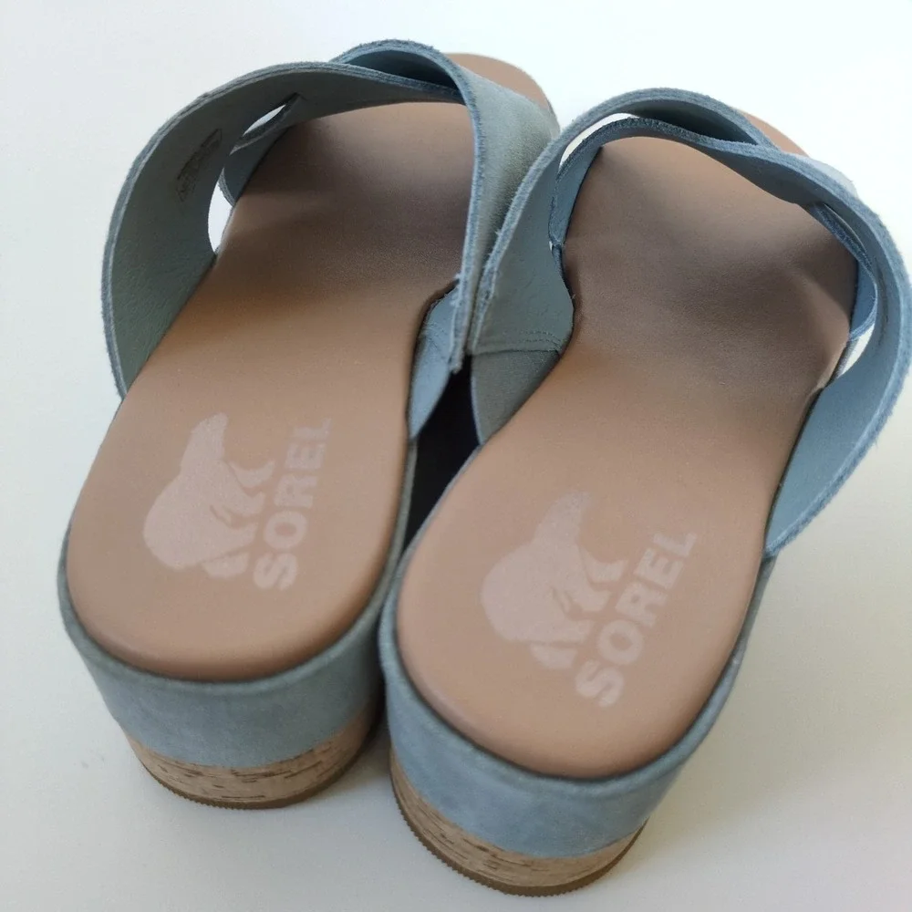 Sorel Cameron‎ Flatform Sandal Women 9.5 Blue Suede Cross Strap Platform NL4631